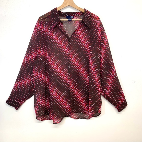 Venezia Blouse Woman 22/24 Button Up Pink Brown Polka Dot Long Sleeve Semi Sheer - Picture 1 of 9